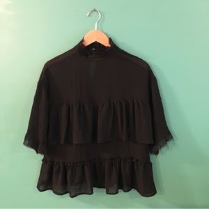 Ivy Jane Black 3/4 Frayed Sleeve Blouse, tiered ruffles, sheer, size small.